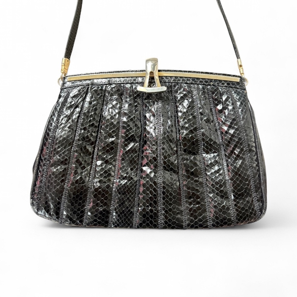 VINTAGE BLACK SNAKE EMBOSSED LEATHER CLUTCH SHOULDER BAG WOMAN